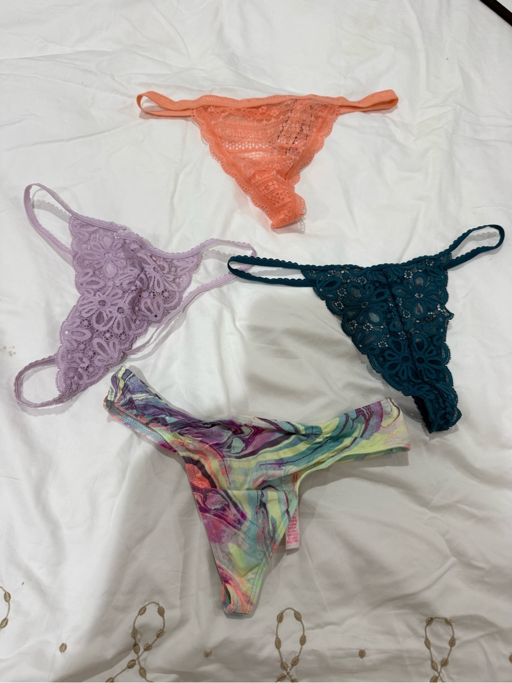 Victoria's Secret Lace & Printed Thong Set Coral, Lavender, Teal & Multicolor xs
